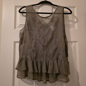 NWT - GUESS Olive Green Sheer Peplum Top